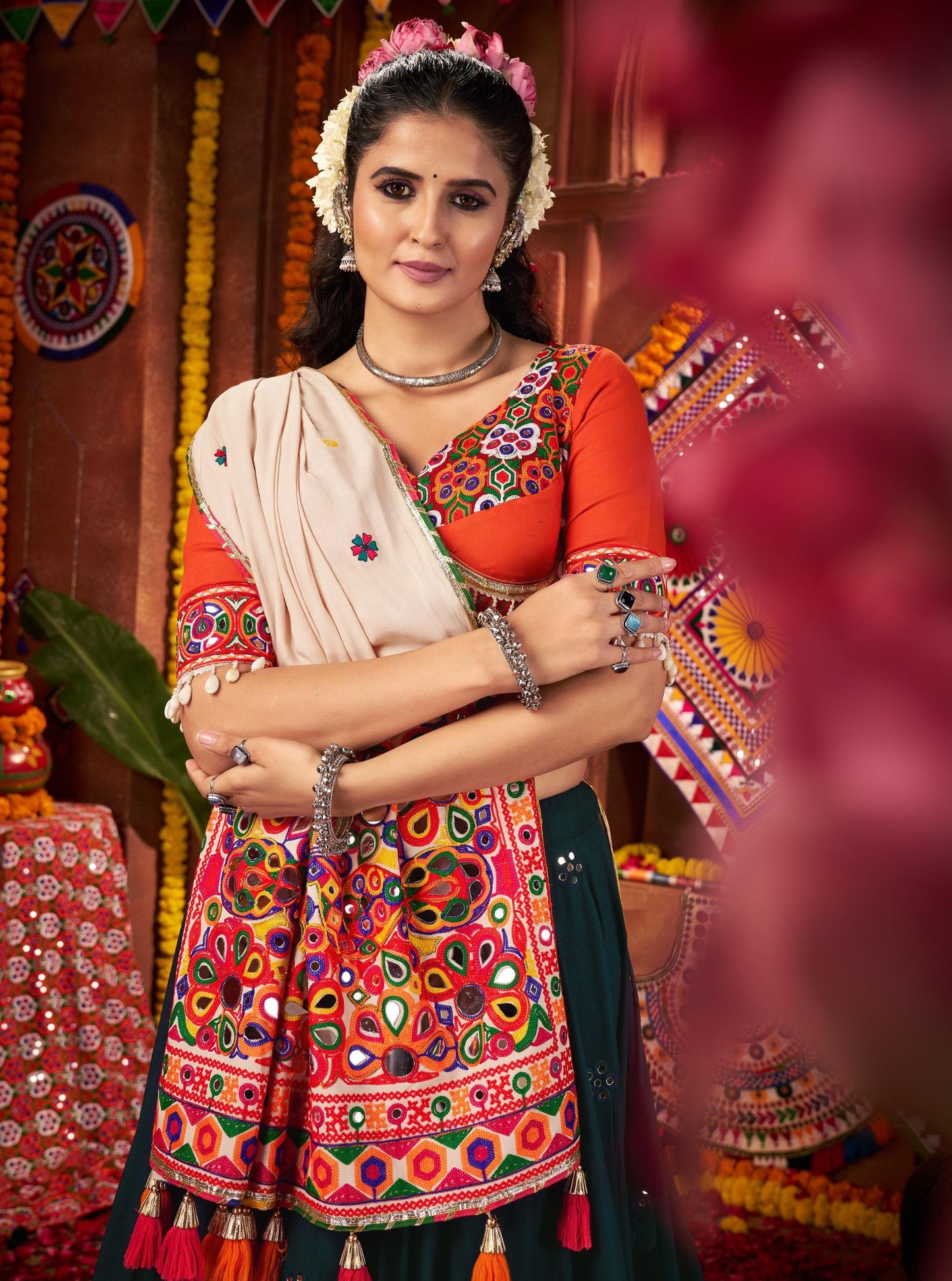 Teal Blue Viscose Cotton Print Jacquard Kutchi & Mirror Work Navratri Lehenga