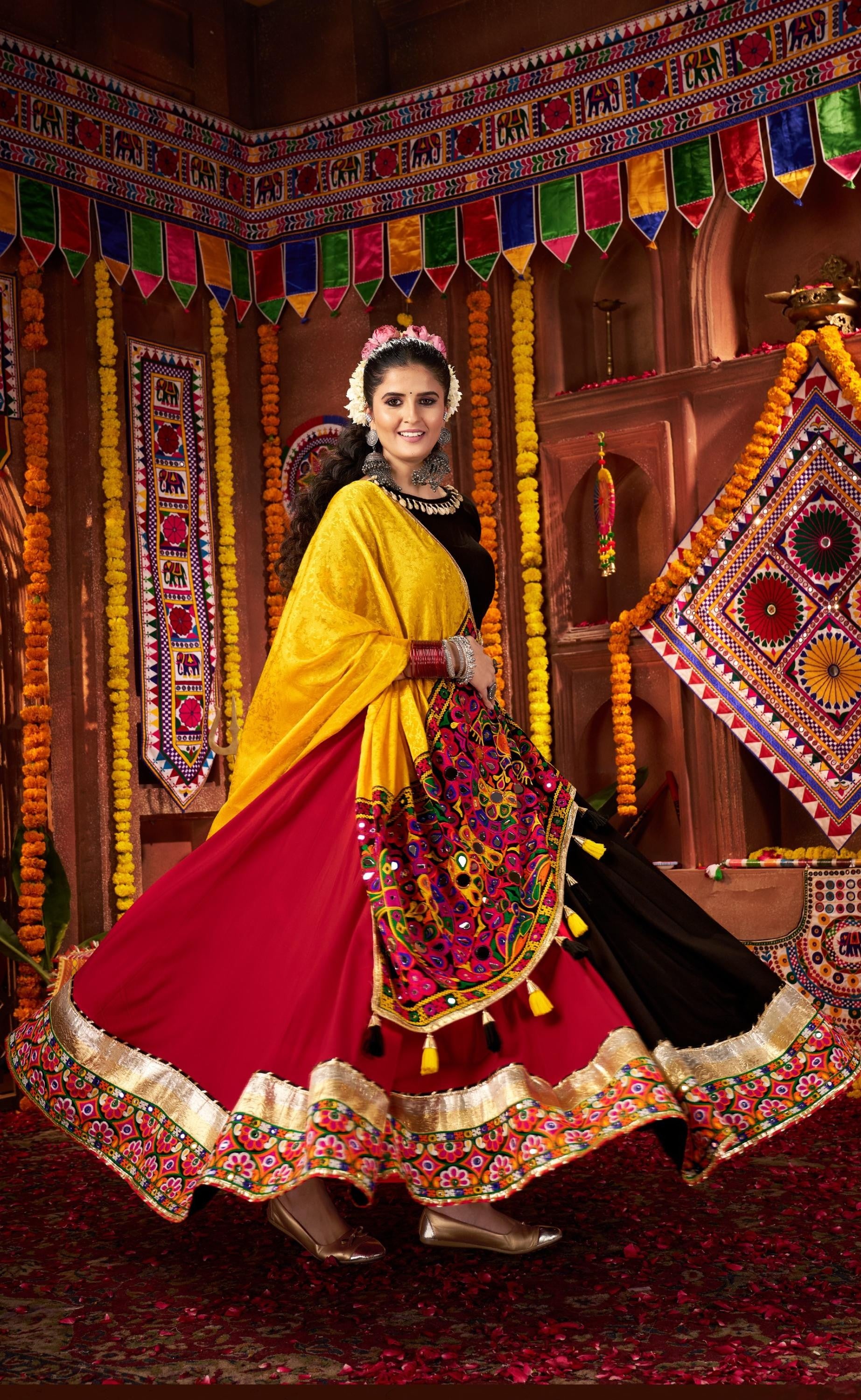 Multi Color Viscose Cotton Jacquard Kutchi Mirror Work Navratri - Main Image