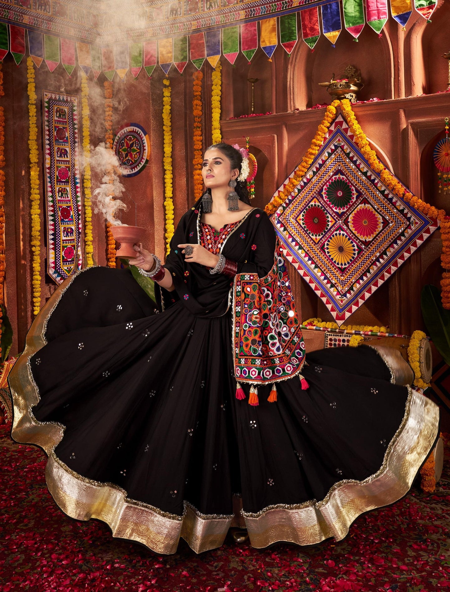 Black Viscose Cotton Jacquard Kutchi & Mirror Work Navratri Lehenga