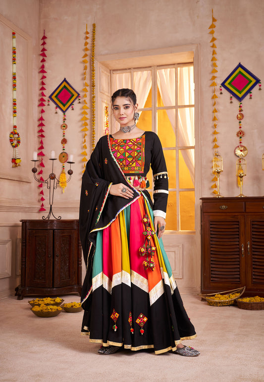 Black with Multi Color Viscose Cotton Mirror Work Navratri Lehenga