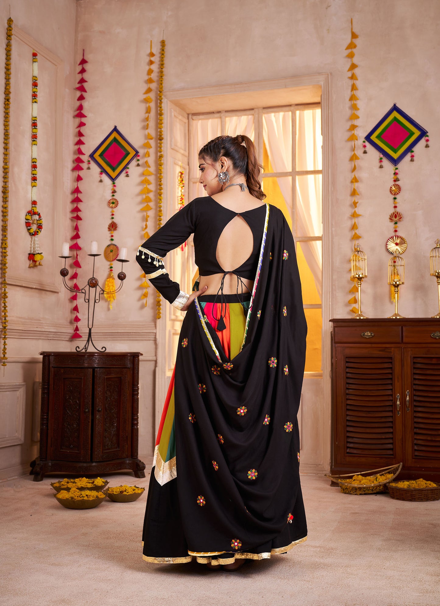 Black with Multi Color Viscose Cotton Mirror Work Navratri Lehenga