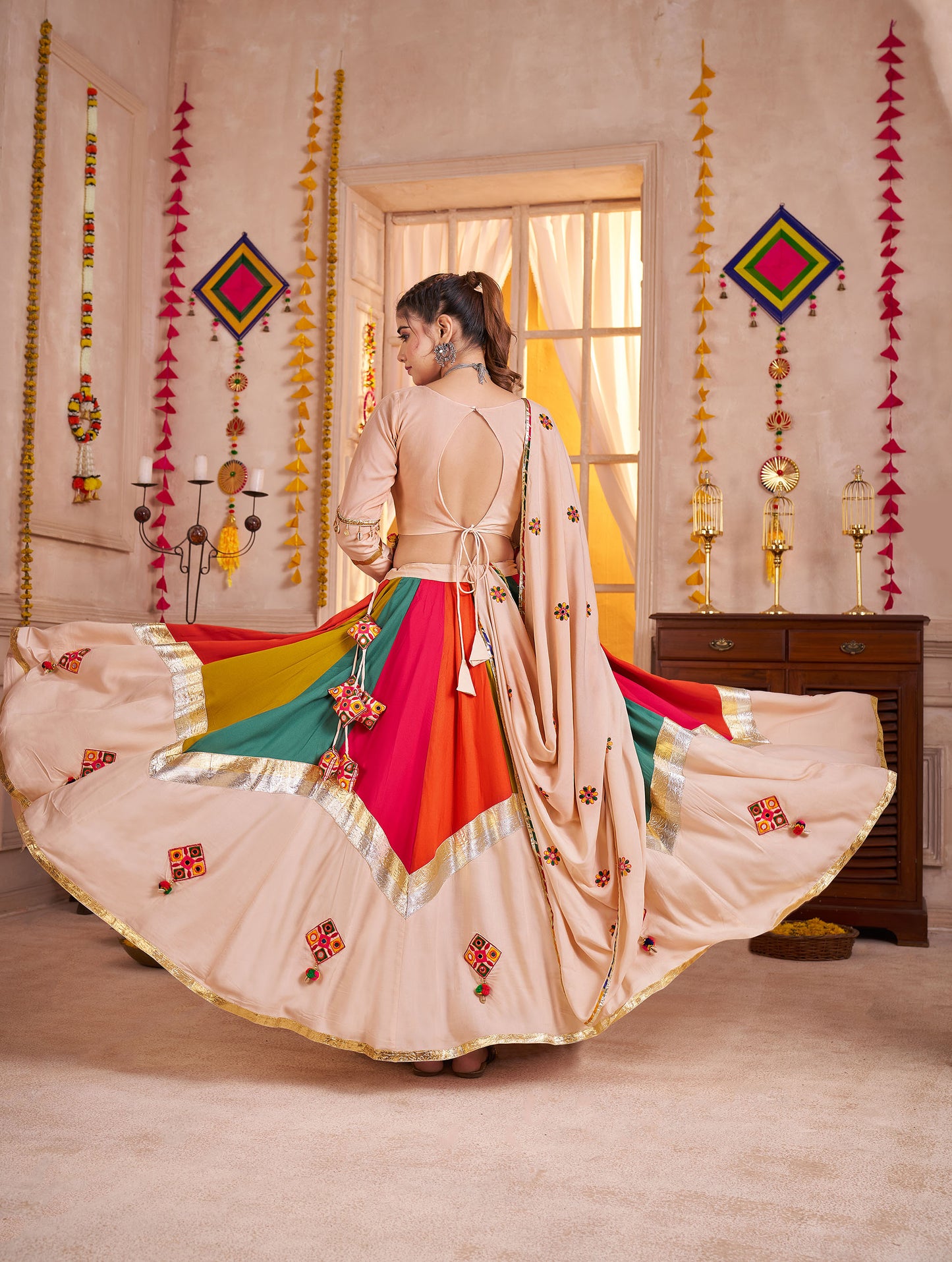 Beige with Multi Color Viscose Cotton Mirror Work Navratri Lehenga