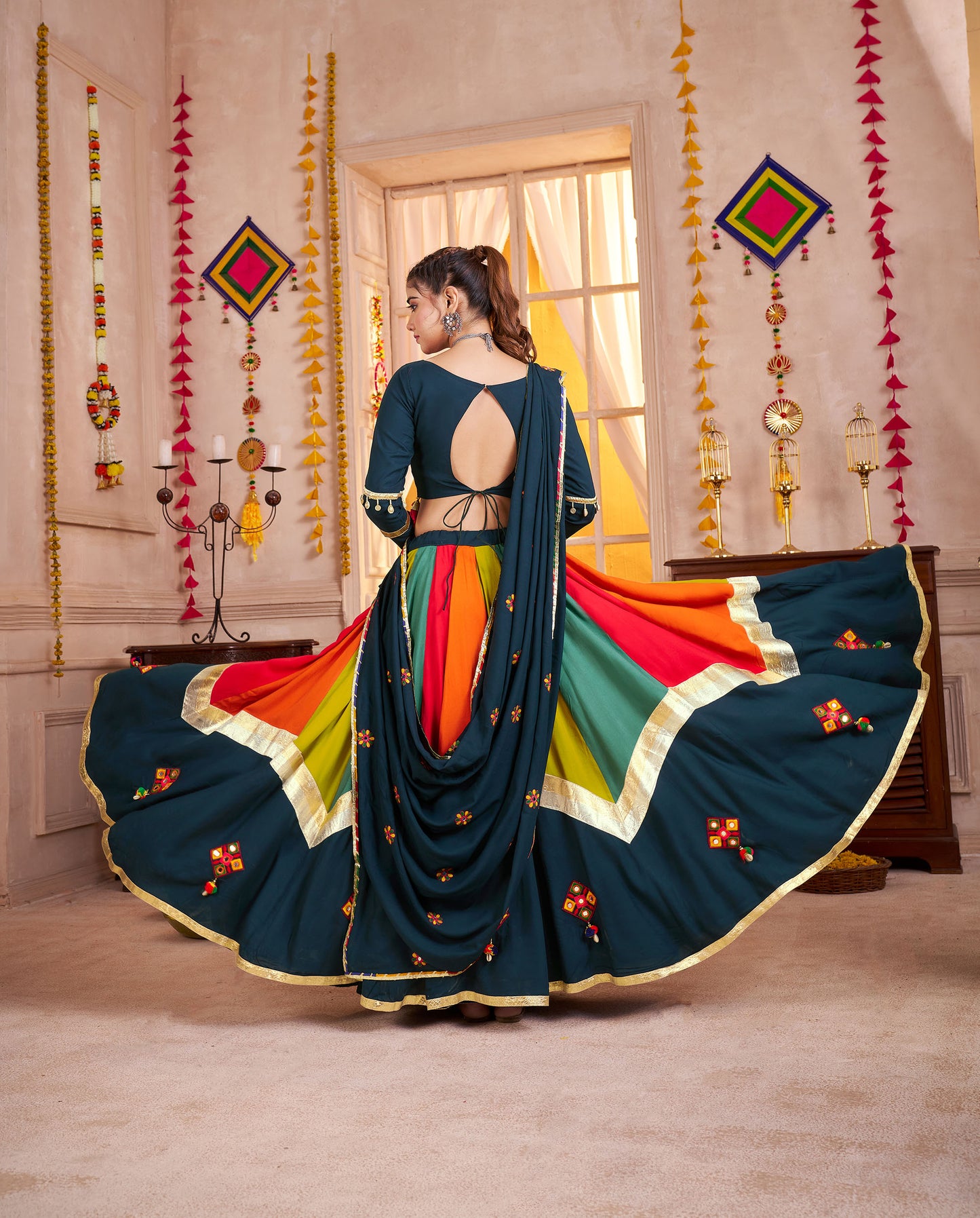 Teal Blue with Multi Color Viscose Cotton Mirror Work Navratri Lehenga
