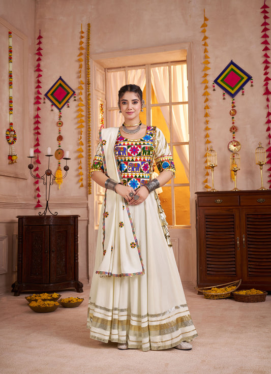 White Viscose Cotton Kutchi Patch & Mirror Work Navratri Lehenga