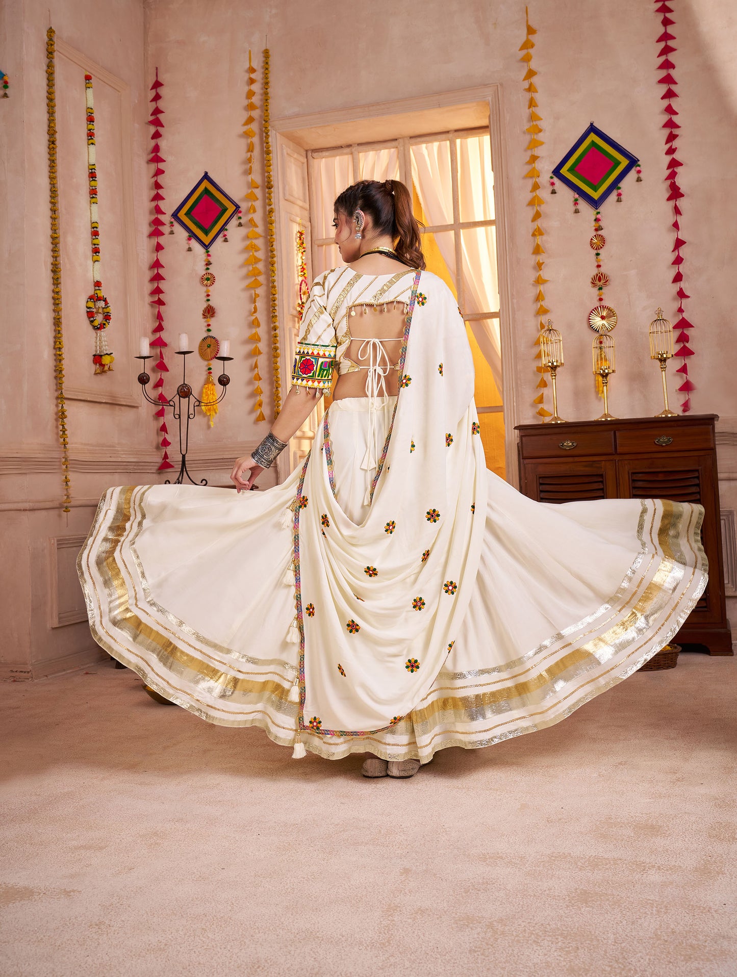 White Viscose Cotton Kutchi Patch & Mirror Work Navratri Lehenga