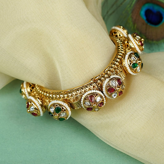 Zevar Club Set of 2 Gold Tone Royal Statement Bangles with Ruby Red Emerald Green Kundan Stones & Pearl Beaded Detailing for Women