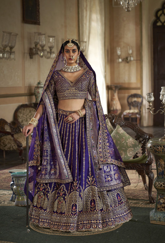 Violet Banarasi Silk Sequins & Zari Embroidery Bridal Lehenga