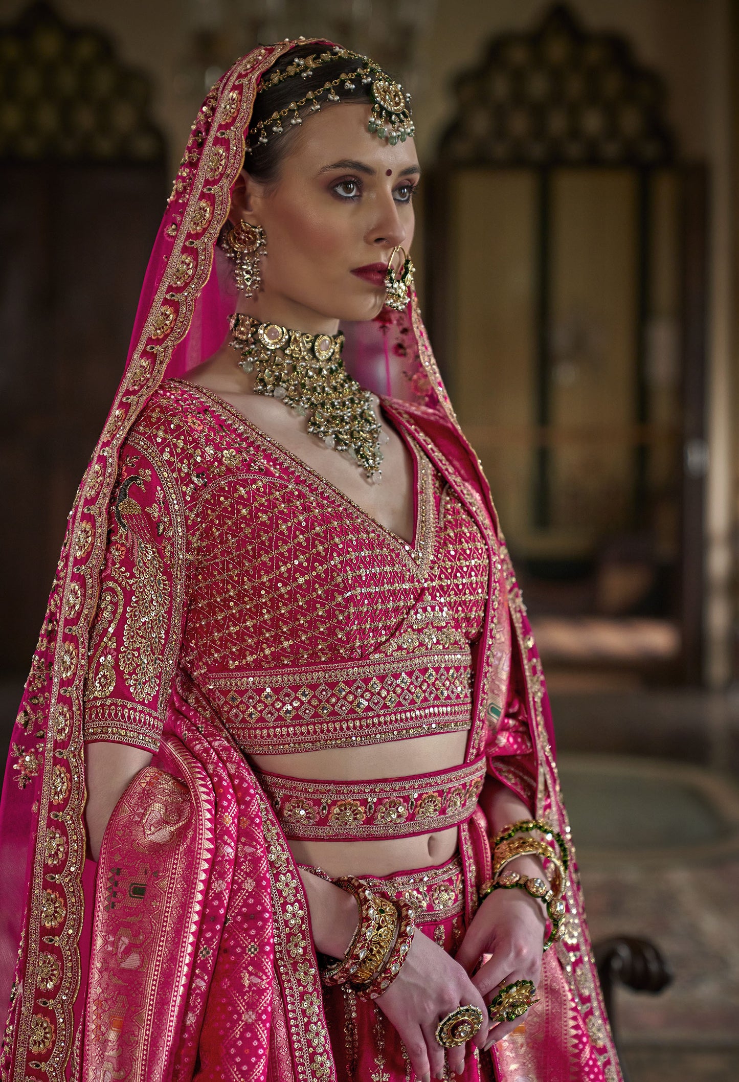 Pink Banarasi Silk Sequins & Zari Embroidery Bridal Lehenga
