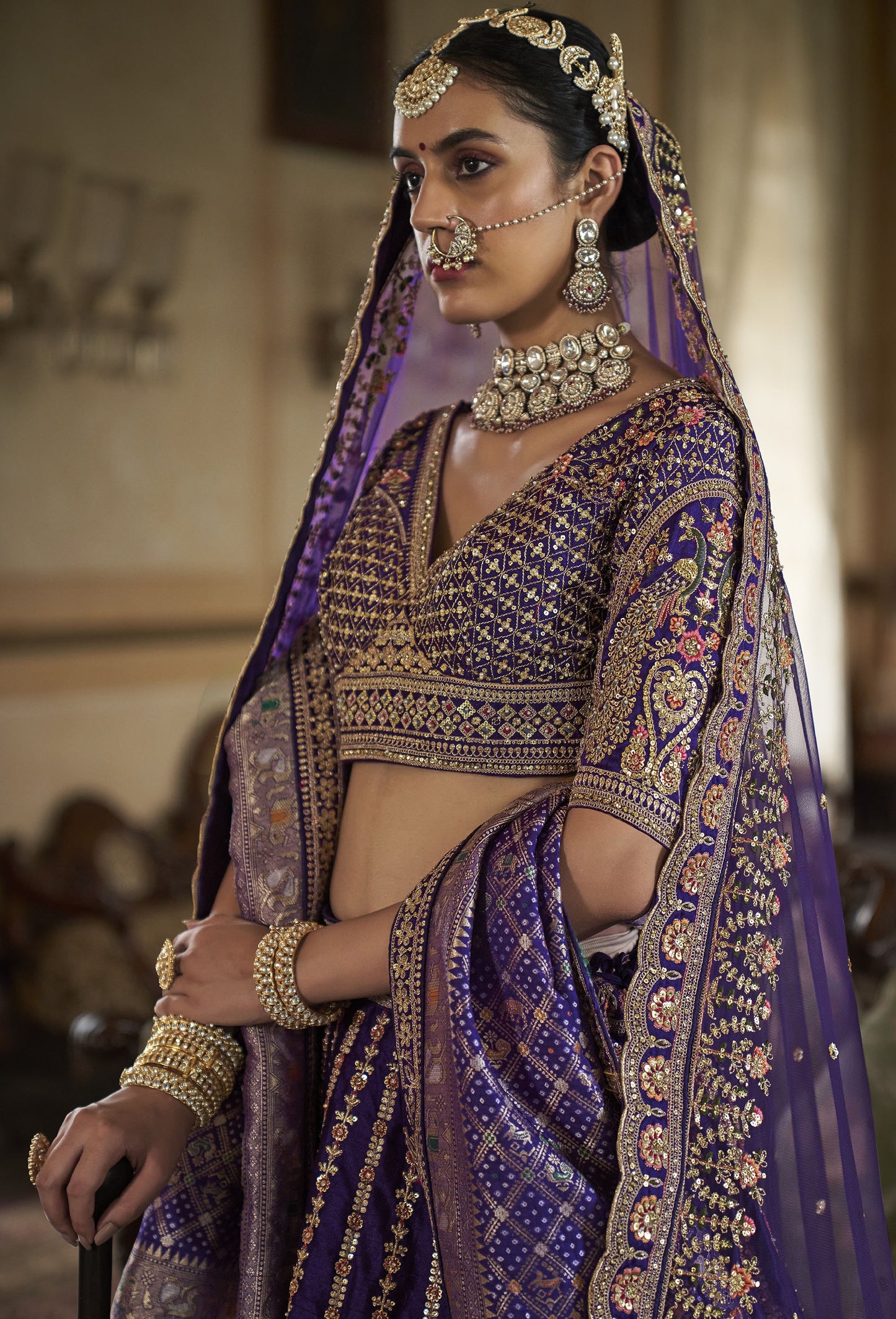Violet Banarasi Silk Sequins & Zari Embroidery Bridal Lehenga