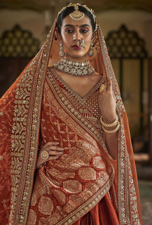 Orange Banarasi Silk Heavy Zari Embroidery Bridal Lehenga