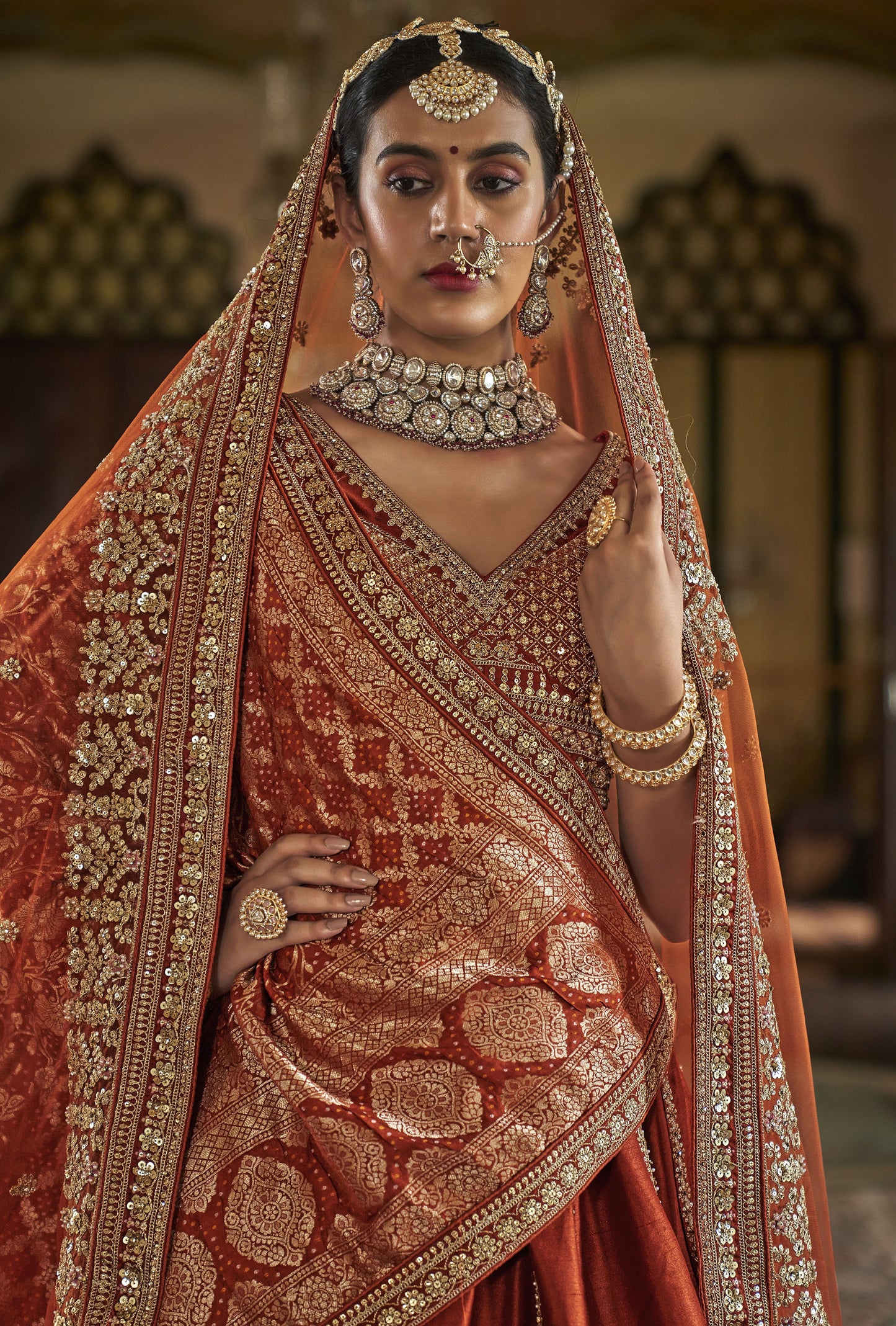 Orange Banarasi Silk Heavy Zari Embroidery Bridal Lehenga