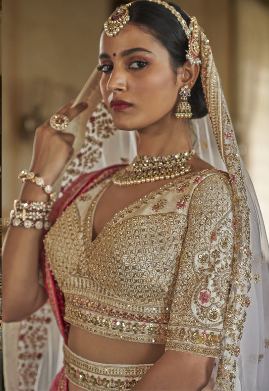 White Banarasi Silk Sequins & Zari Embroidery Bridal Lehenga