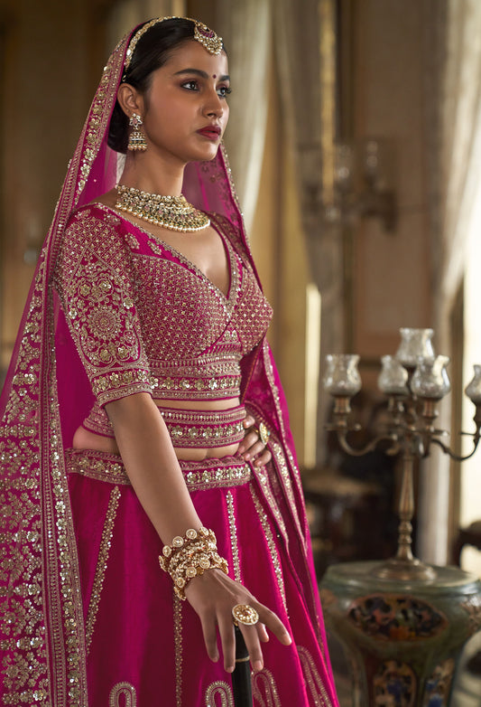 Dark Pink Banarasi Silk Heavy Zari Embroidery Bridal Lehenga