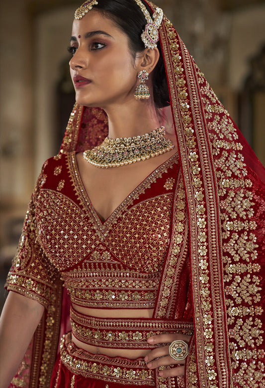 Red Banarasi Silk Heavy Zari Embroidery Bridal Lehenga