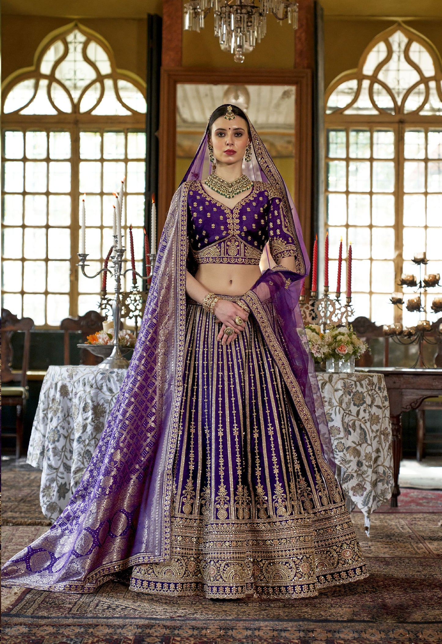 Violet Banarasi Silk Sequins and Pearl Embroidery Bridal Lehenga