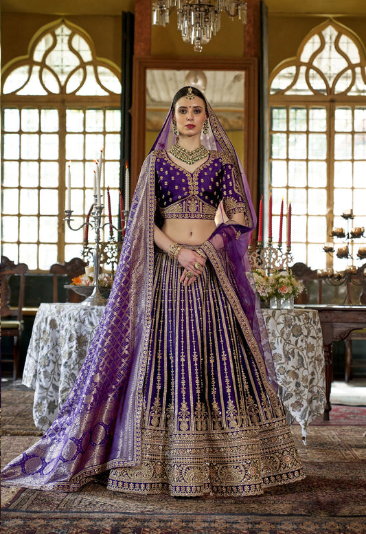 Violet Banarasi Silk Sequins and Pearl Embroidery Bridal Lehenga