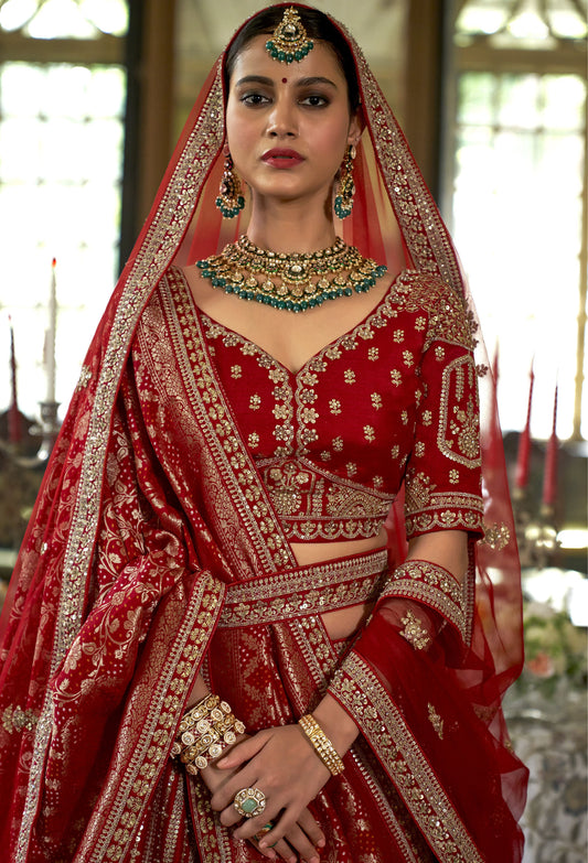 Dark Red Banarasi Silk Sequins and Pearl Embroidery Bridal Lehenga