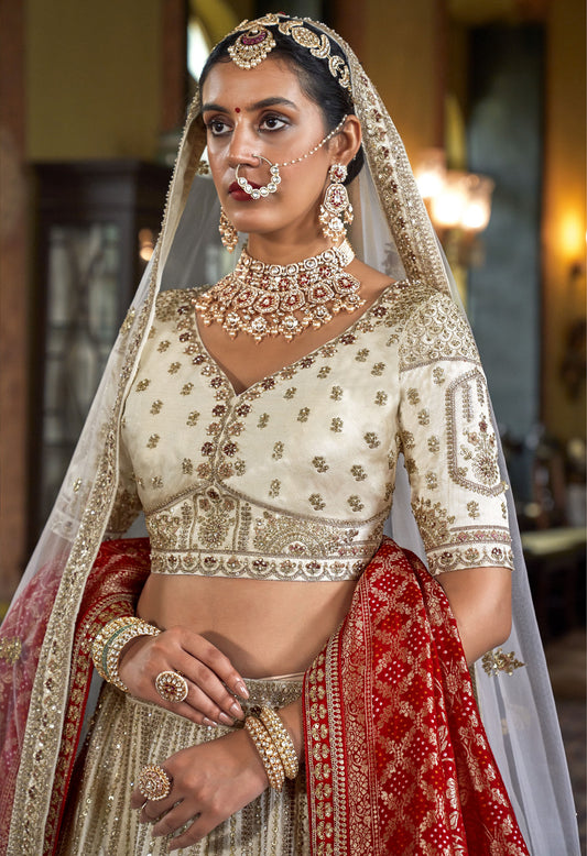 White Banarasi Silk Sequins and Pearl Embroidery Bridal Lehenga