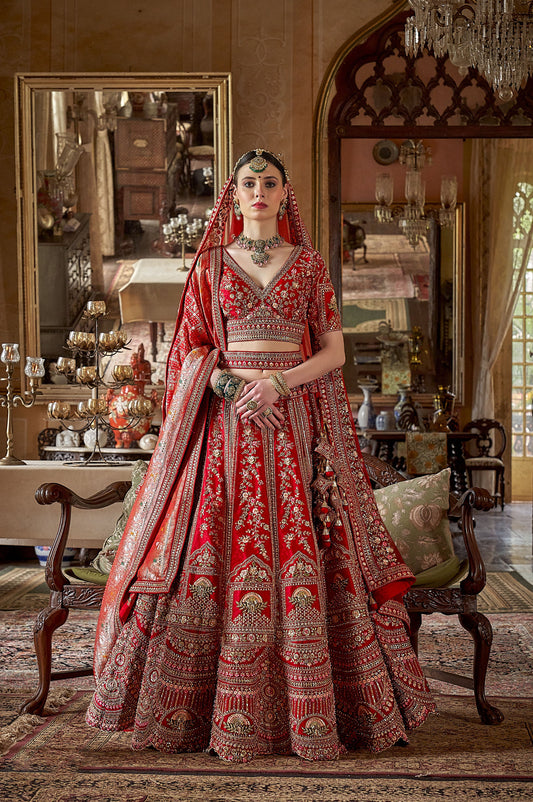 Dark Red Banarasi Silk Heavy Sequins and Pearl Embroidery Bridal Lehenga