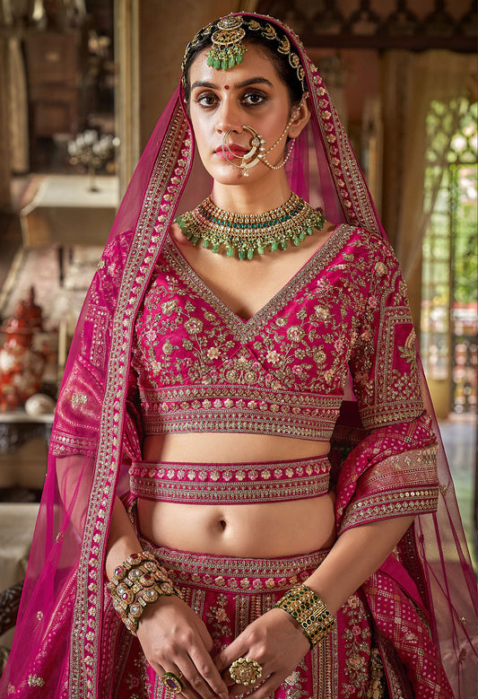 Dark Pink Banarasi Silk Sequins and Pearl Embroidery Bridal Lehenga