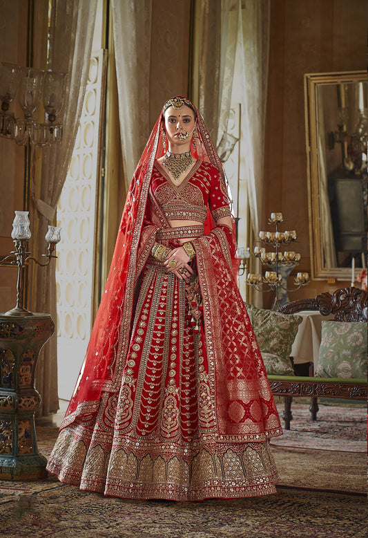 Red Heavy Sequins and Pearl Embroidery Banarasi Silk Bridal Lehenga