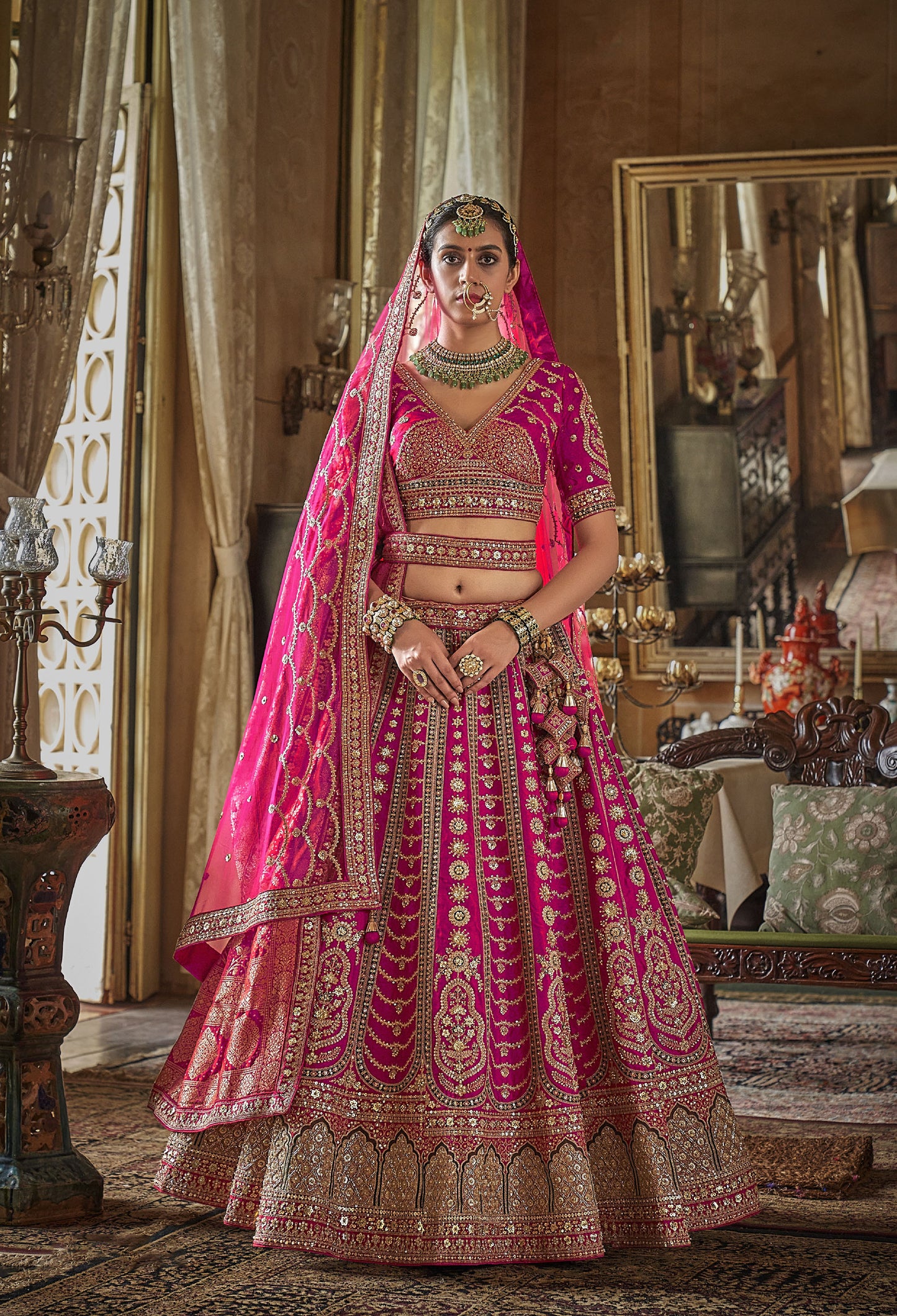 Pink Heavy Sequins and Pearl Embroidery Banarasi Silk Bridal Lehenga