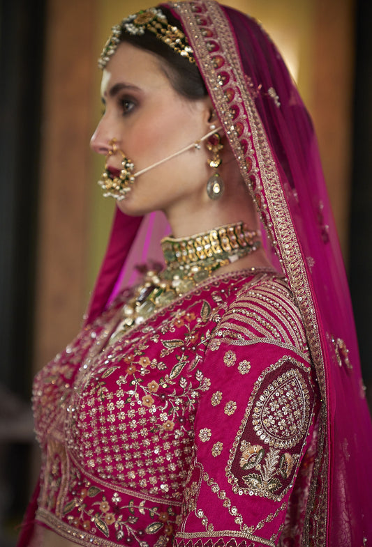 Pink Banarasi Silk Zari, Sequins and Pearl Embroidery Wedding Lehenga