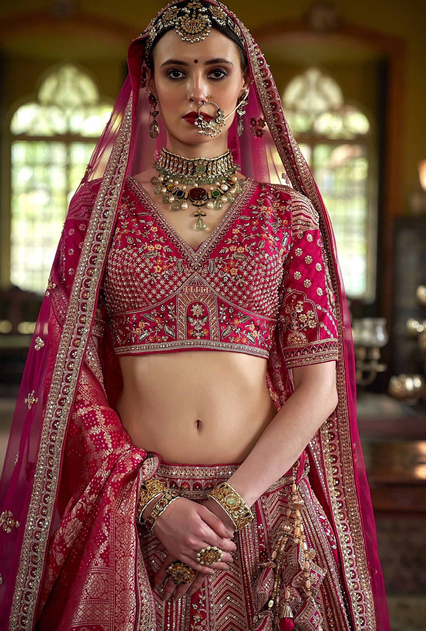 Pink Banarasi Silk Zari, Sequins and Pearl Embroidery Wedding Lehenga