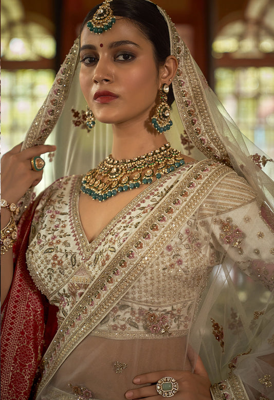 Off White Banarasi Silk Zari, Sequins and Pearl Embroidery Wedding Lehenga