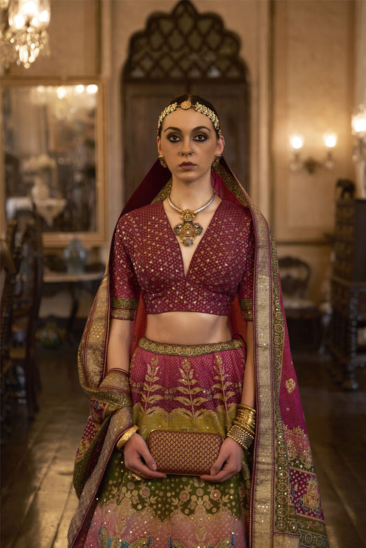 Dark Pink and Green Silk Aari Mirror Work Bridal Lehenga