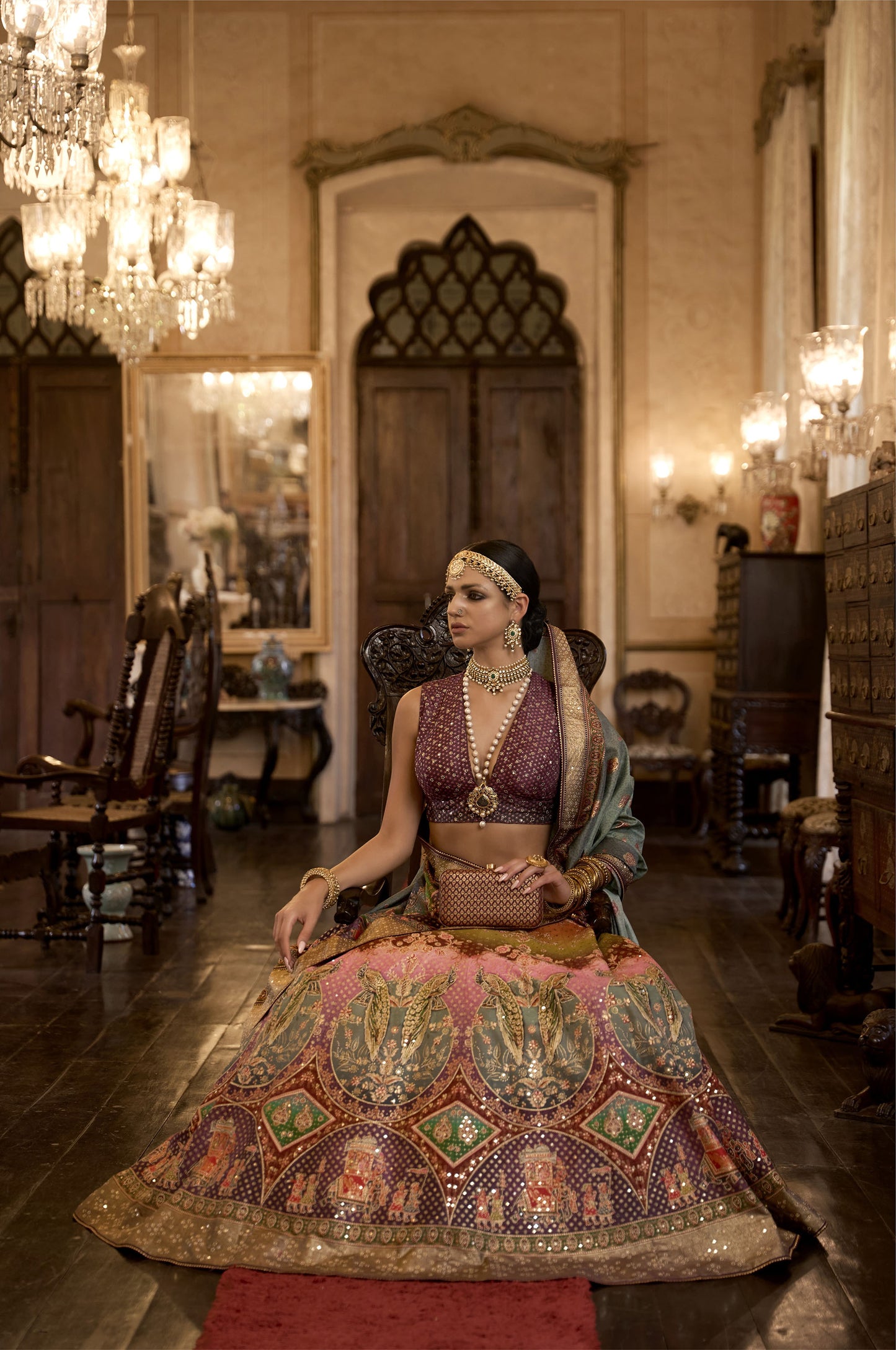 Purple and Pink Silk Aari Mirror Work Bridal Lehenga