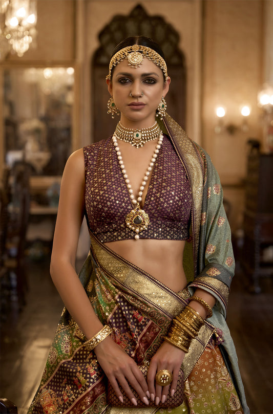 Purple and Pink Silk Aari Mirror Work Bridal Lehenga