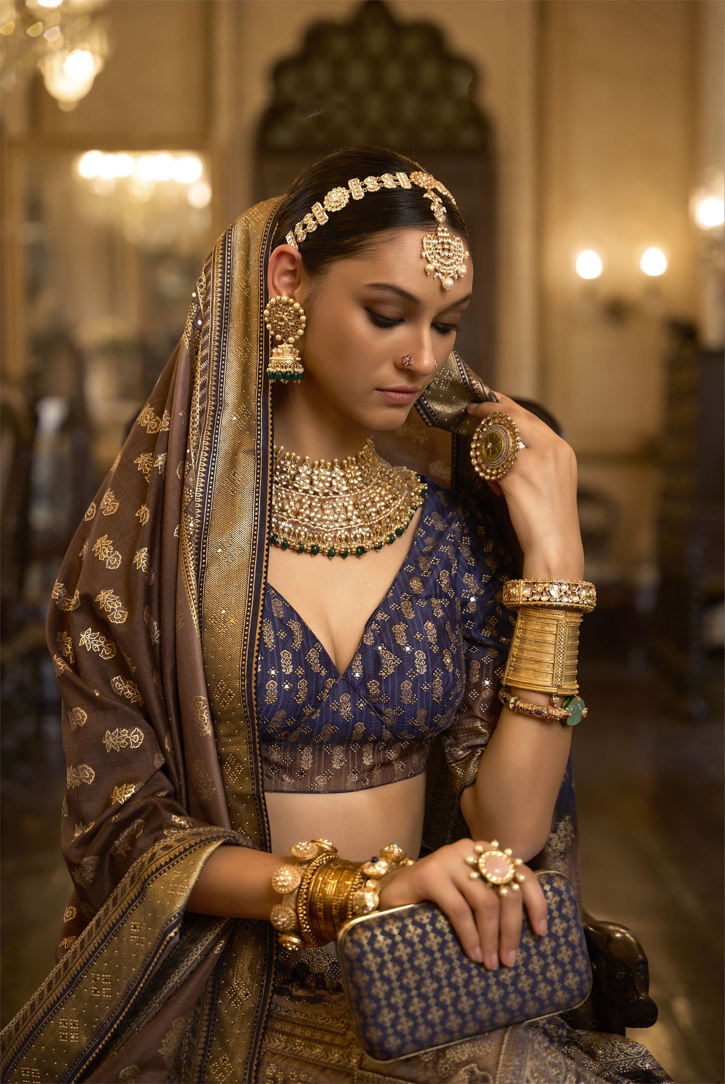 Blue and Beige Silk Aari Mirror Work Bridal Lehenga
