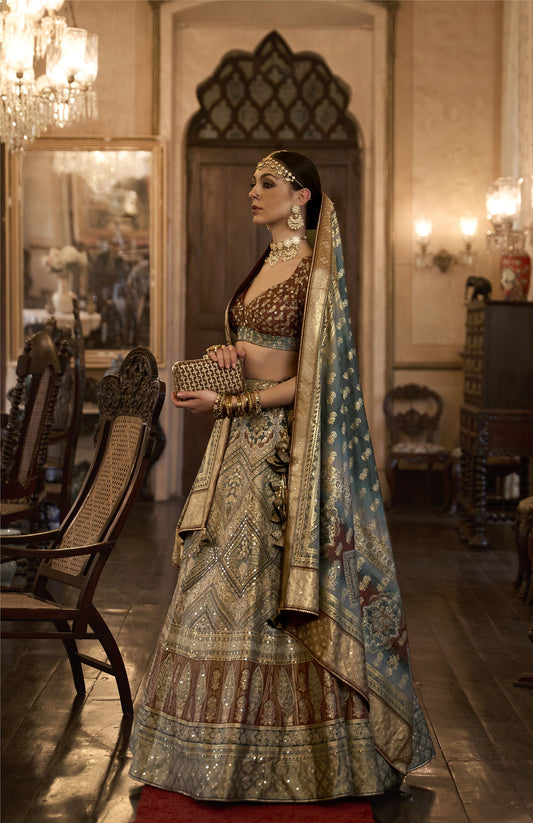 Beige and Maroon Silk Aari Mirror Work Bridal Lehenga