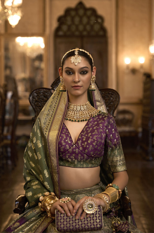 Purple and Beige Silk Aari Mirror Work Bridal Lehenga