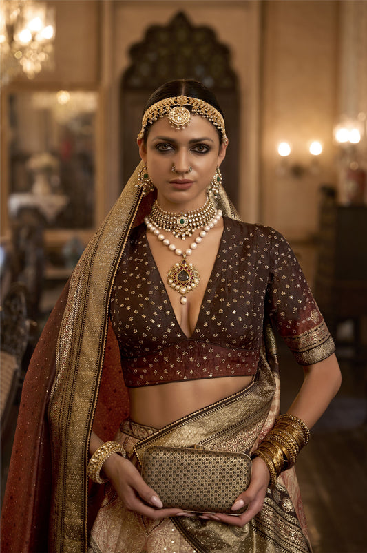 Brown and Beige Silk Aari Mirror Work Bridal Lehenga