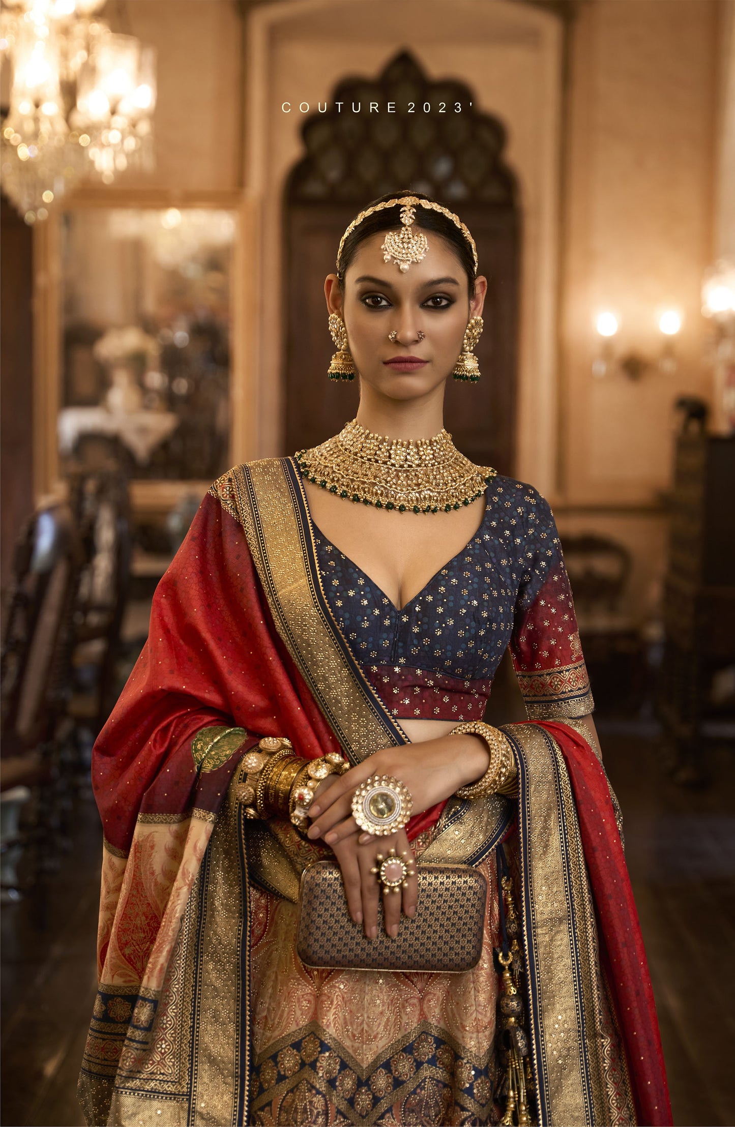 Multi Color Silk Aari Mirror Work Bridal Lehenga