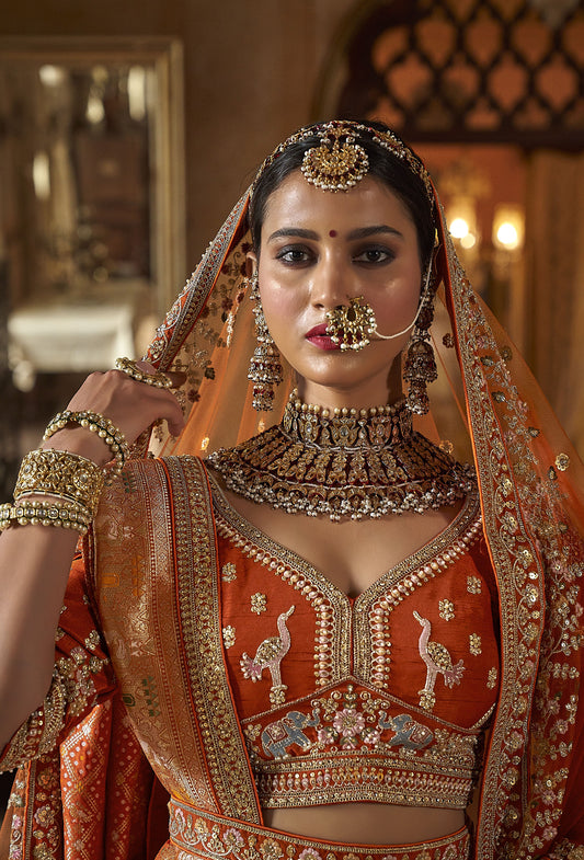 Orange Banarasi Silk Zari, Sequins and Pearl Embroidery Wedding Lehenga