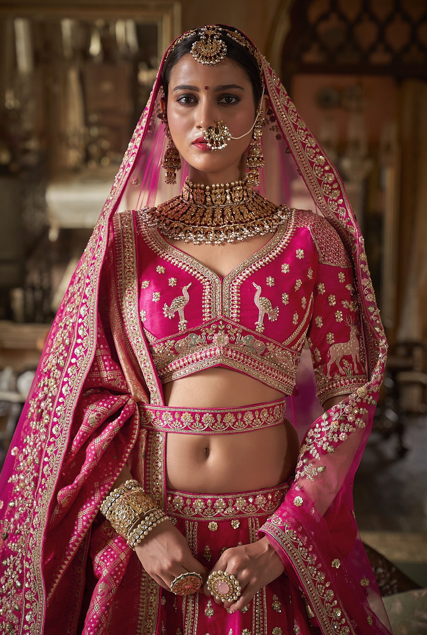 Dark Pink Banarasi Silk Sequins and Zari, Pearl Embroidery Wedding Lehenga