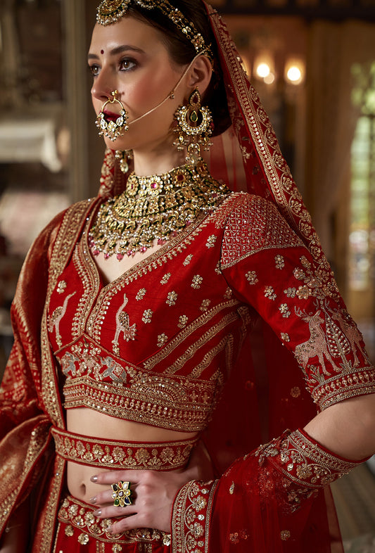 Dark Red Banarasi Silk Sequins and Zari, Pearl Embroidery Wedding Lehenga