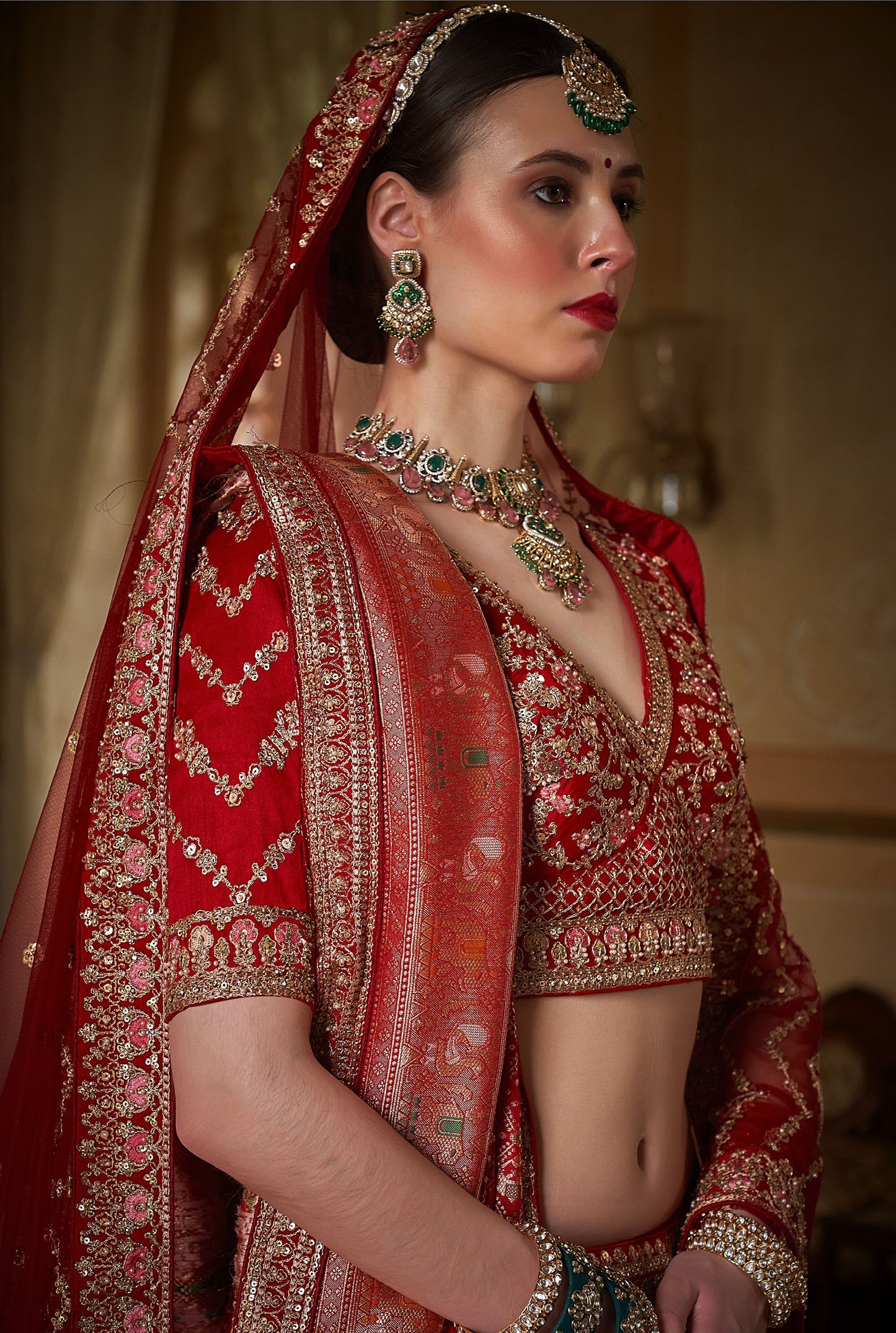 Red Banarasi Silk Zari, Sequins and Floral Embroidery Wedding Lehenga