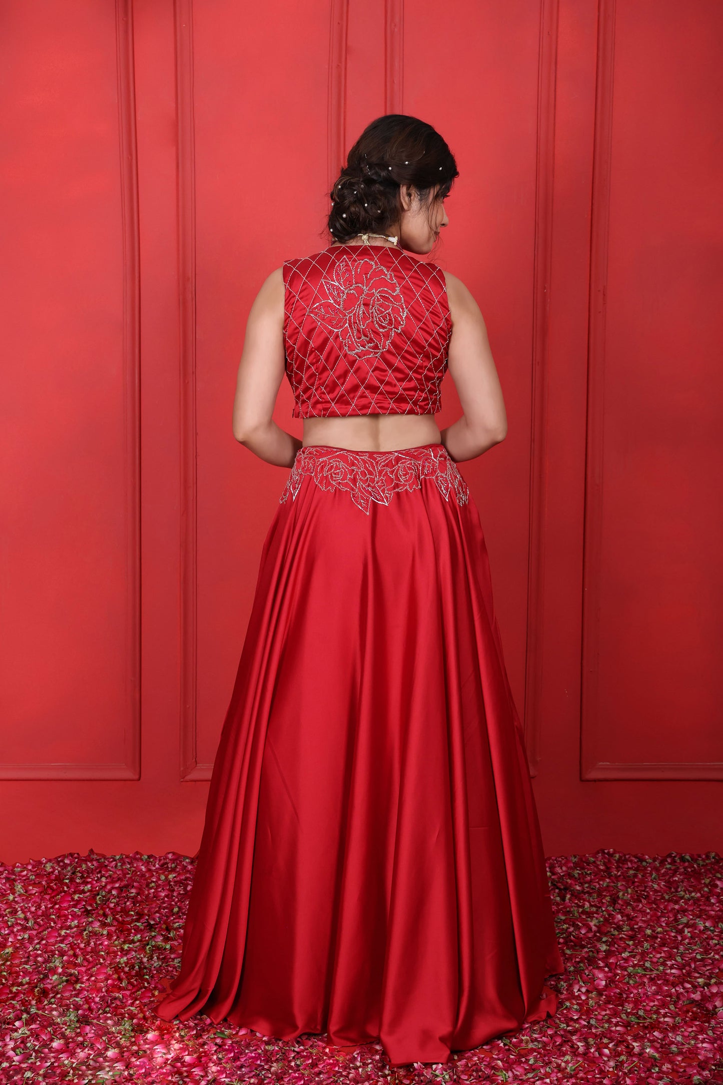 Cornell Red Hand Embroidered Choli & Long Skirt