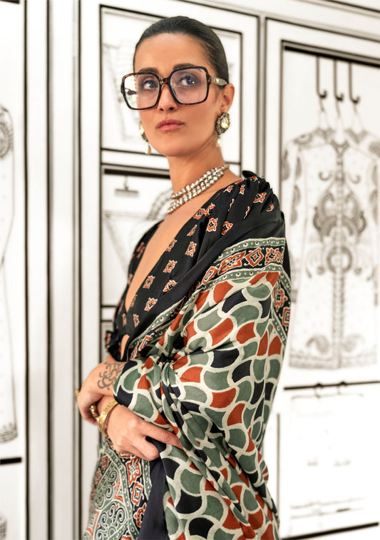 Olive Green Kajarkh Printed Ajrakh Satin Saree