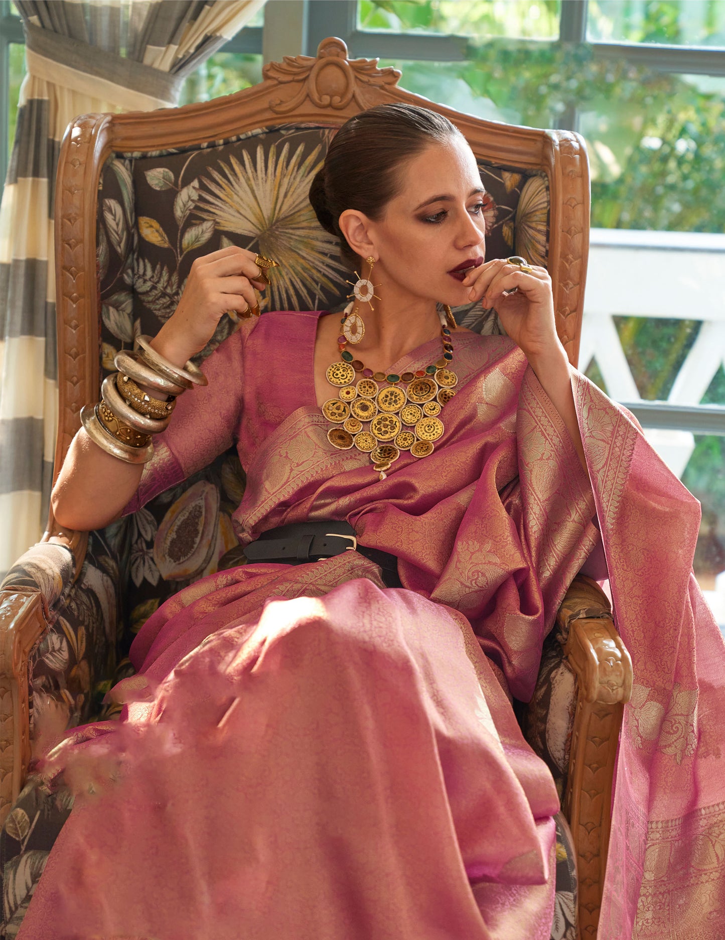 Rose Pink Kalki Orchid Satin Tissue Handloom Saree