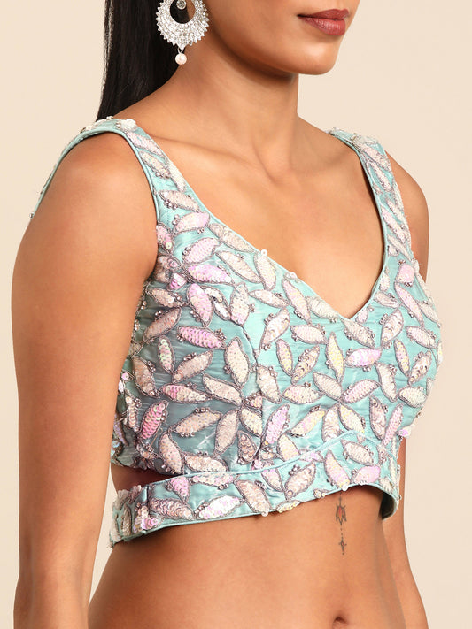 Turquoise Blue Organza Sequins & Zarkan embroidery Lehenga