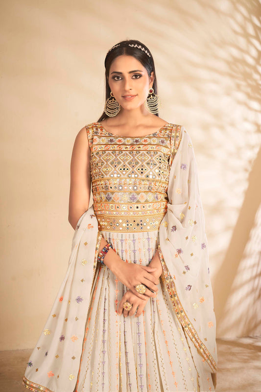 Off White Sequins Embroidery Georgette Party Wear Anarkali