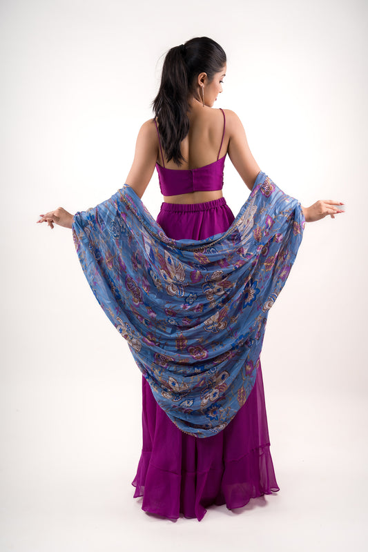 Royal Megenta crop top, Umbrella frilled Skirt with Bangle duppata