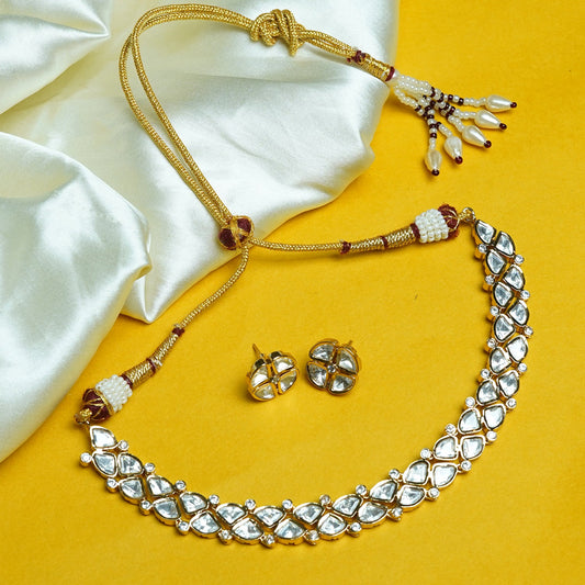 Zevar Club 22K Gold-Plated White Kundan Stone Studded Floral Choker Jewellery Set
