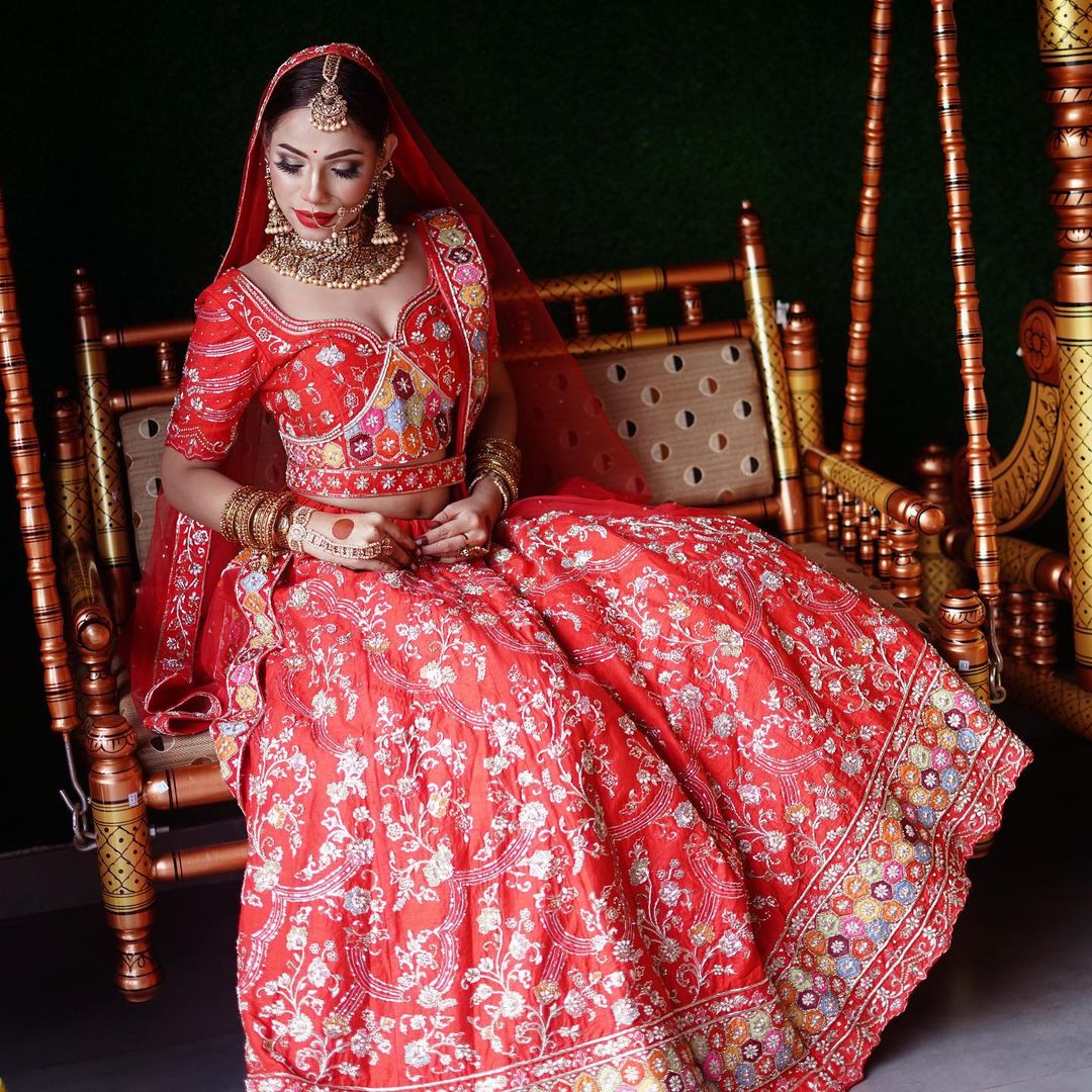 Scarlet Raw Silk Zardosi meera lehenga