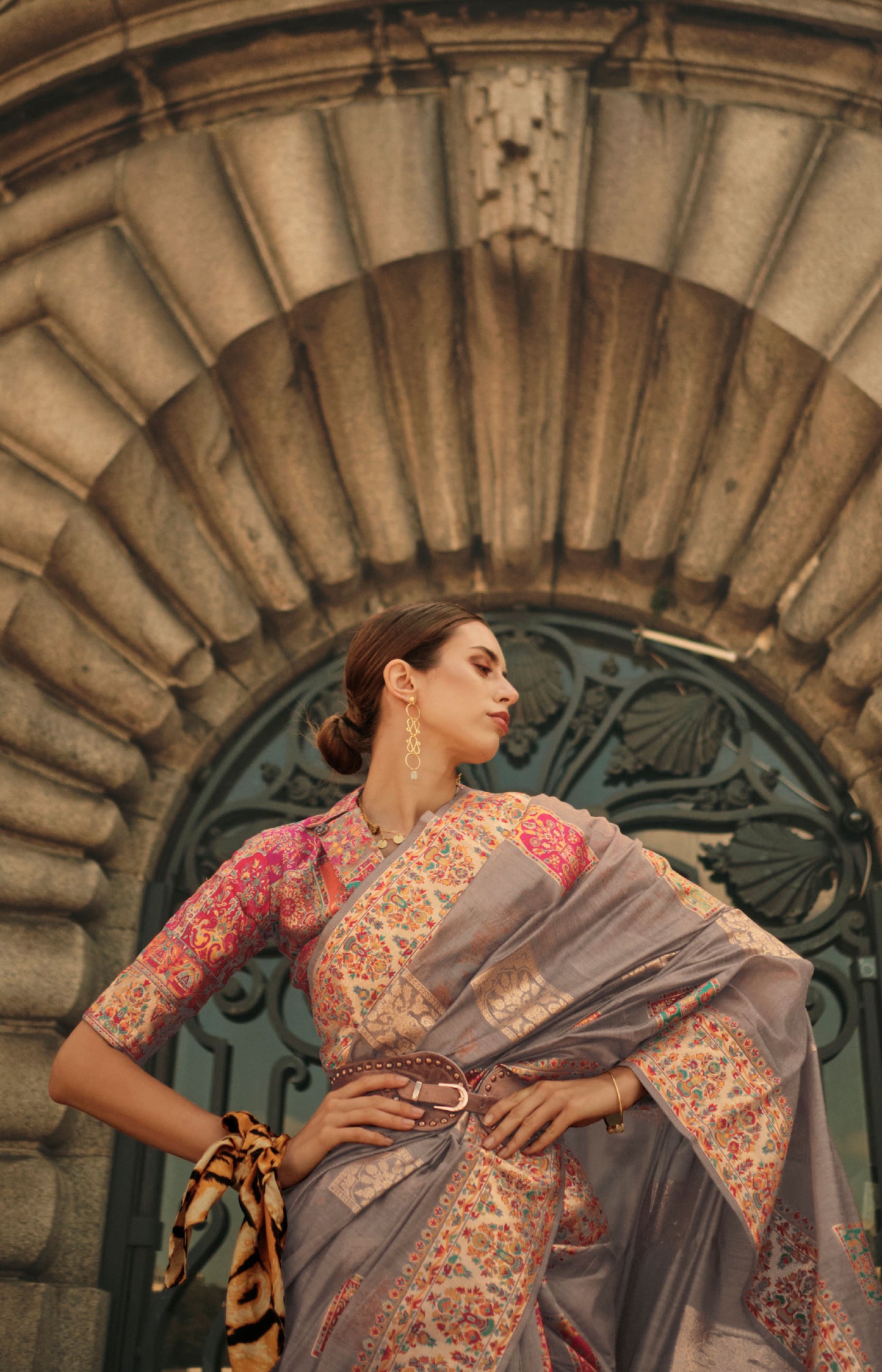 Grey Khadija Kashmiri Handoom Silk Saree